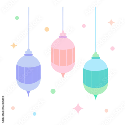Ramadan Kareem colorful pastel lanterns with geometric shapes and stars decoration celebration festive background