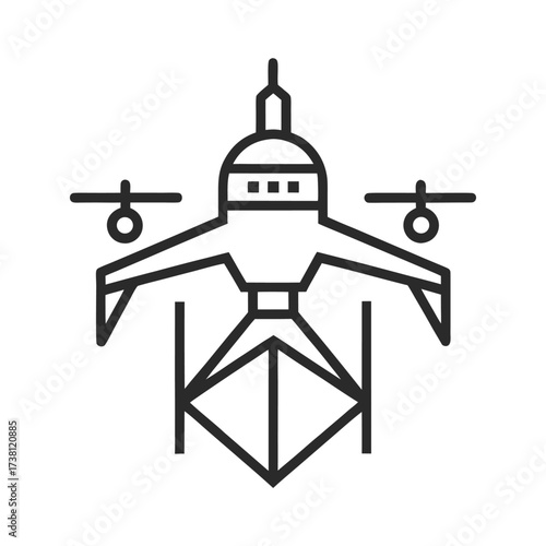 Black outline icon of a futuristic drone with wings on a white background aircraft