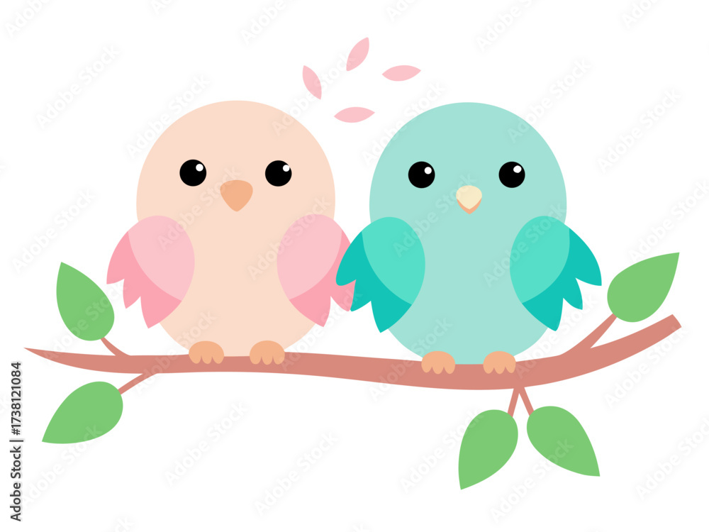 Fototapeta premium Two cute cartoon birds sitting on a branch with spring blossoms in the air illustration
