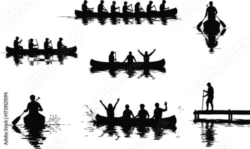 Silhouette people canoeing, paddleboarding, dock activity, water adventure, outdoor sports, teamwork, celebration pose, black vector figures, paddling group, nature exploration
