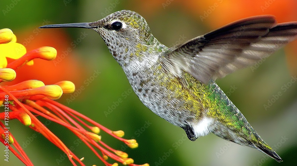 Fototapeta premium hummingbird. A hummingbird hovers near a red flower, its wings moving fast against a green background. wildlife magazines, conservation campaigns, designed for nature documentaries and education.