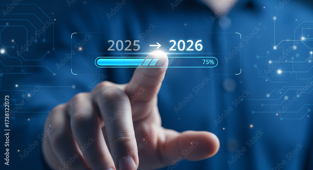 Fototapeta premium Person's finger pointing at a progress bar showing the transition from 2025 to 2026, indicating future planning.
