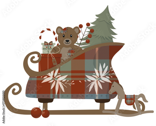 Vintage Christmas Sleigh with Upcycled Toys isolated on transparent background. Sustainable holiday sleigh with plaid tartan pattern.  Eco-friendly christmas. Flat design. Vector illustration