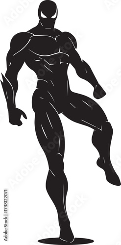 Dynamic silhouette of a muscular superhero in a powerful action pose against a white background