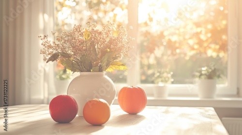 Still life with vase of flowers and decorative fruits on table