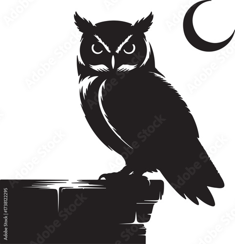 Night Watch: A silhouette of an owl perched atop a stone ledge under the moon, a symbol of wisdom and nocturnal vigilance.