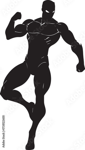 Dynamic silhouette of a muscular superhero in a powerful action pose against a clean white background