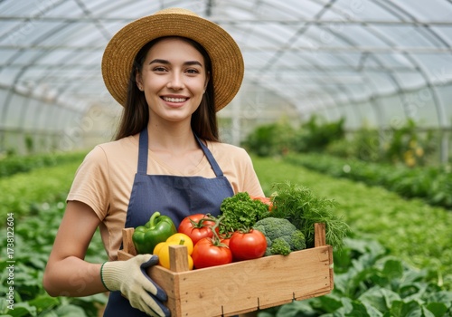 Smiling farmer holding a wooden crate filled with fresh vegetables in a greenhouse.