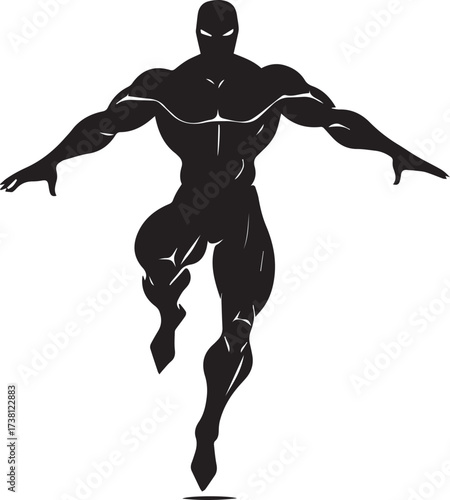 Silhouette of a muscular superhero in a dynamic action pose with arms outstretched against a white background