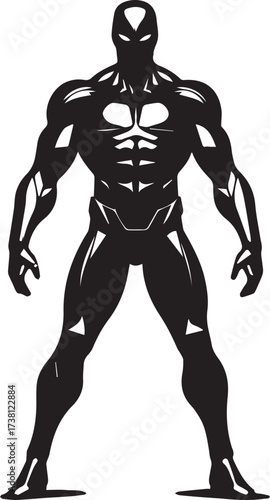 Powerful muscular superhero silhouette standing ready for action with intense gaze and strong physique