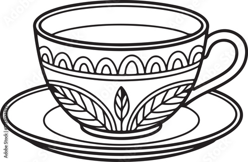 Classic Cup and Saucer: An elegant, hand-drawn illustration features a detailed teacup brimming with a warm beverage, resting on a matching saucer, showcasing simple elegance.