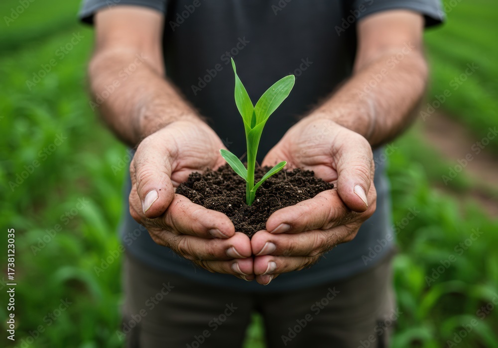 Fototapeta premium Hands cradling a young corn plant in fertile soil, symbolizing growth.