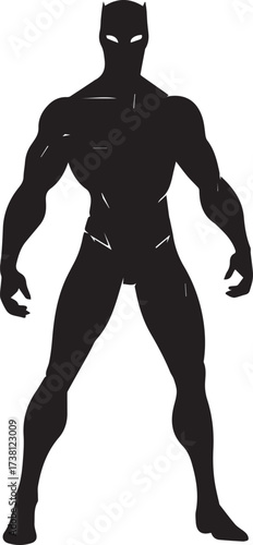 Powerful silhouette of a muscular superhero character in a dynamic stance with glowing eyes against a white background