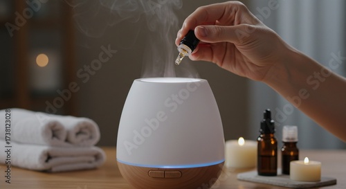 Person adding a drop of essential oil to a modern, electronic aroma diffuser on a table.Concept of relaxation and home wellness.