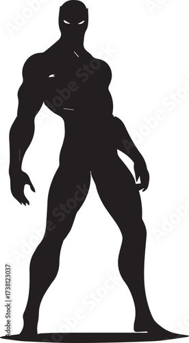 Powerful muscular silhouette of a superhero standing confidently ready for action against a white background
