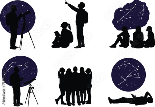 Stargazing silhouettes, astronomy activity vector, people observing constellations, telescope poses, night sky icons, educational, recreational, cosmic exploration, celestial study