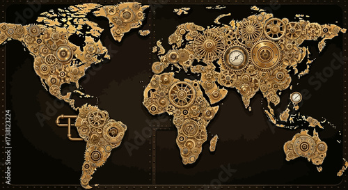 Intricate golden steampunk world map crafted from detailed gears and clockwork mechanisms, showcasing global connection and mechanical innovation.