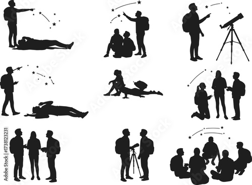 Stargazing silhouettes, astronomy activity, constellation watching, telescope use, outdoor science, black vector figures, night sky observation, cosmic exploration, group learning, backpack travelers