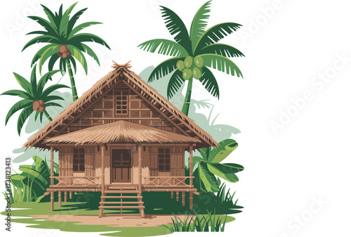 Tropical Hut amidst Lush Flora: A charming thatched-roof hut nestled amidst lush tropical greenery, exuding a sense of serenity and harmony with nature, creating a dreamlike image of the exotic.