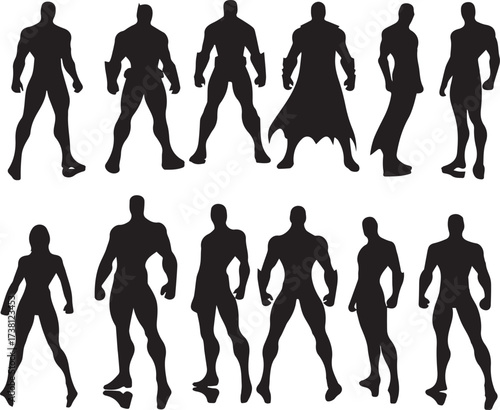 Collection of diverse superhero silhouettes standing in heroic poses against a white background representing strength and power