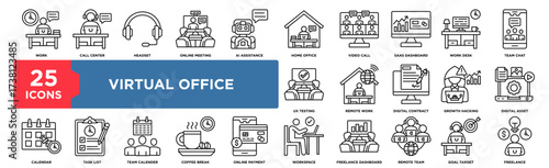 Virtual Office icon set in minimalist line style, featuring 25 icons about remote work, online meetings, video calls, teamwork, and freelance. Perfect for apps, presentations, websites, and business