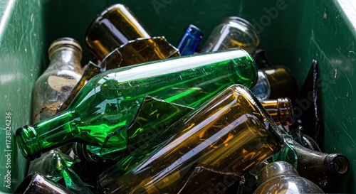 A group of empty glass bottles in various colors, ready to be processed for recycling. Concept of glass recycling for resource recovery