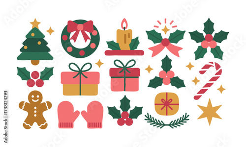 Holiday Icons Set Tree, Wreath, Gifts, and Ornaments Flat Vector Illustration, Set of Christmas hand-drawn elements. Cute holiday Xmas graphic icons. Wreath, Xmas tree, easily editable.