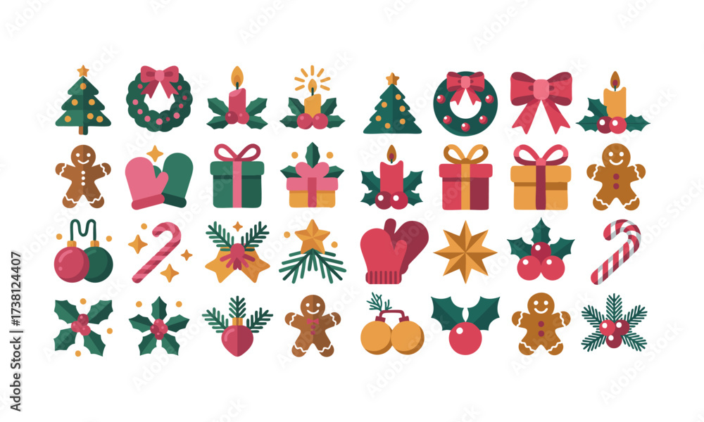 Naklejka premium Holiday Icons Set Tree, Wreath, Gifts, and Ornaments Flat Vector Illustration, Set of Christmas hand-drawn elements. Cute holiday Xmas graphic icons. Wreath, Xmas tree, easily editable.