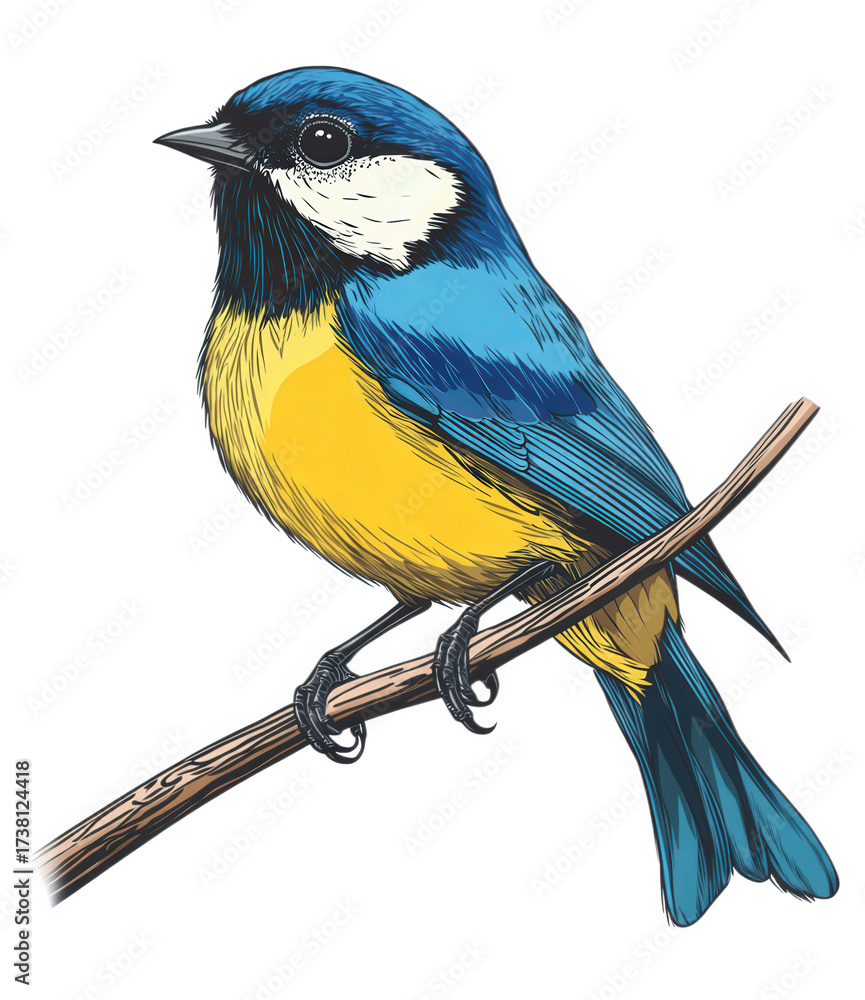 Obraz premium A vibrant blue and yellow bird sits perched on a branch, its detailed plumage showcasing natures artistry, isolated on transparent background its gaze is focused