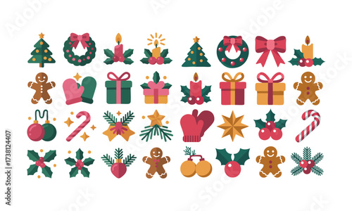 Holiday Icons Set Tree, Wreath, Gifts, and Ornaments Flat Vector Illustration, Set of Christmas hand-drawn elements. Cute holiday Xmas graphic icons. Wreath, Xmas tree, easily editable.