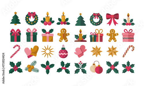 Holiday Icons Set Tree, Wreath, Gifts, and Ornaments Flat Vector Illustration, Set of Christmas hand-drawn elements. Cute holiday Xmas graphic icons. Wreath, Xmas tree, easily editable.