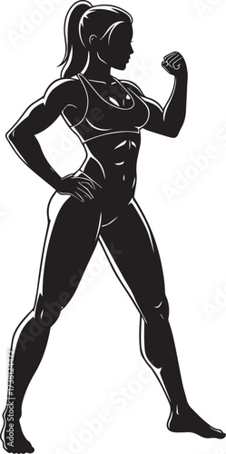 Silhouette of a muscular woman flexing her bicep with a confident pose and athletic physique in a black and white illustration style