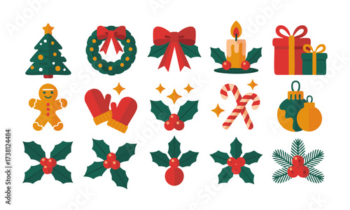 Holiday Icons Set Tree, Wreath, Gifts, and Ornaments Flat Vector Illustration, Set of Christmas hand-drawn elements. Cute holiday Xmas graphic icons. Wreath, Xmas tree, easily editable.