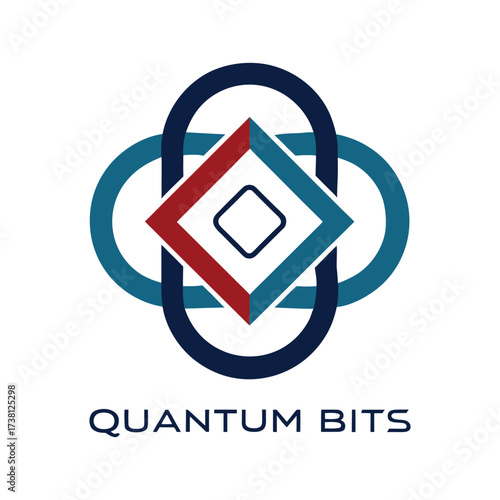 Interlocking geometric shapes logo with text Quantum Bits abstract