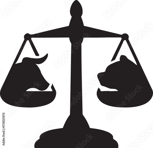 Scale balance silhouette with bull and bear weights symbolizing stock market trading power