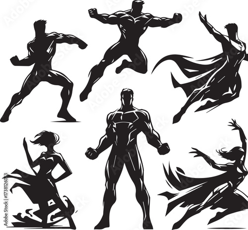 Dynamic silhouette collection of diverse superhero poses showcasing strength action and heroic stances against a white background