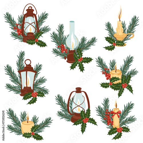 vector drawing Christmas compositions, vintage kerosene lamps, candles and fir branch with green needles and holly leaves and red berries, hand drawn illustration