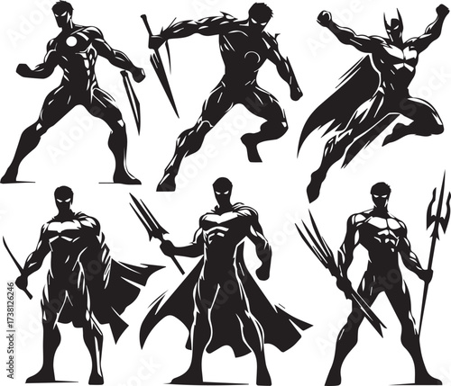 Collection of six dynamic superhero silhouettes in action poses showcasing strength and heroism with capes and weapons against a white background