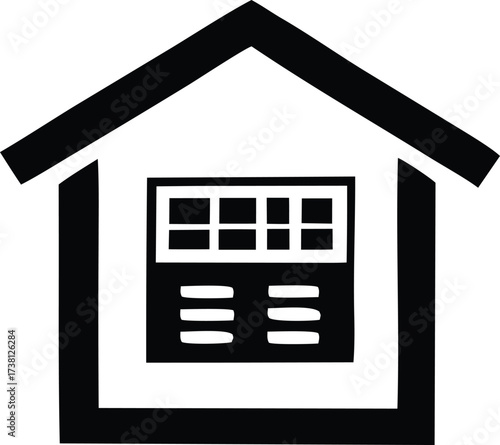 Simple black and white house icon with grid window symbolizing home ownership and real estate services simple and modern.