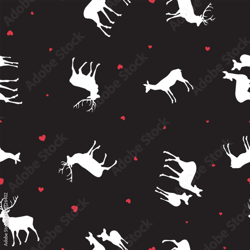 Simple seamless deer pattern. Repeating vector print with white deer and fawn silhouettes and red hearts on a black background. Apparel textile pattern. Hand drawn illustration.