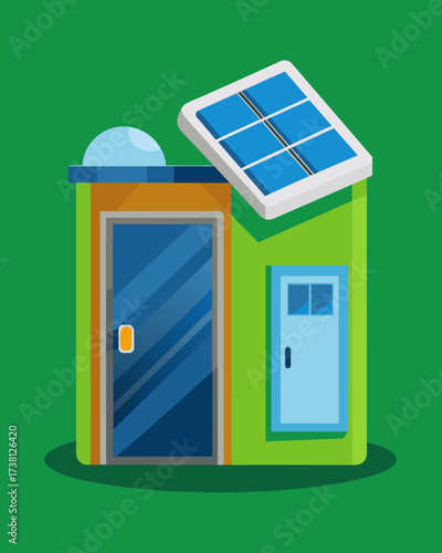A portable solarpowered public ideal for use at outdoor events and construction sites providing convenient and environmentally friendly sanitation options in areas with limited. Vector illustration