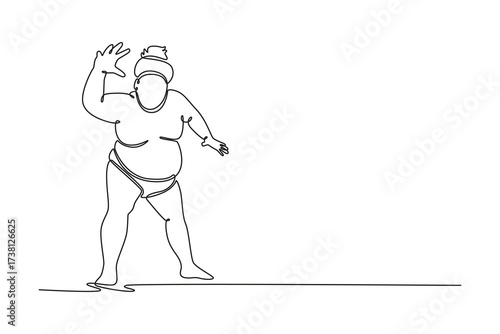 Single one line drawing muscular Sumo wrestler in wide stance is shown with raised, open hands, performing ceremonial move. Traditional sport. Continuous line draw design graphic vector illustration