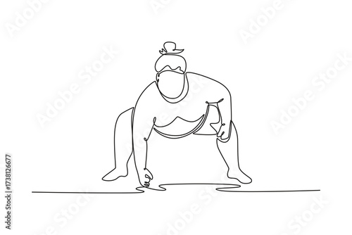 Single one line drawing large Sumo wrestler in low, crouched starting position, hand touching the ground, intense focus just before the charge. Continuous line draw design graphic vector illustration
