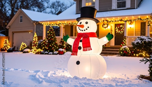 Inflatable snowman in snowy yard with decorated house and glowing Christmas lights, festive outdoor scene.