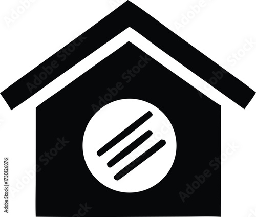 Simple black silhouette of a house icon with a circular opening featuring three parallel lines representing a window or vent