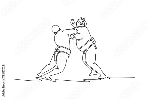 Continuous one line drawing two massive Sumo wrestlers locked in struggle, with one delivering a forceful, open-hand strike to the opponent's head. Single line draw design vector graphic illustration