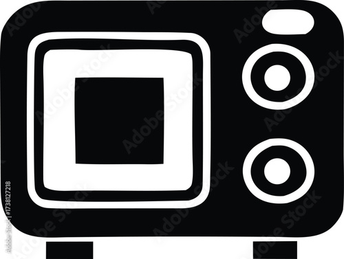Simple black and white icon of a microwave oven with control knobs and a viewing window for kitchen or cooking related designs