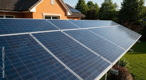 A ground-mounted solar array generates electricity for a residential property, supplementing rooftop panels. Concept of a residential ground-mounted solar system.
