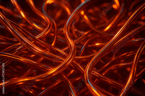 Futuristic Abstract Copper Wires Wallpaper – Glowing 8K Technology Background. Generative AI.