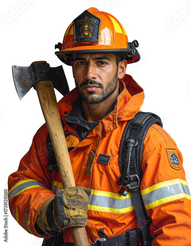 A firefighter in an orange protective suit, holding an axe for safety and rescue.